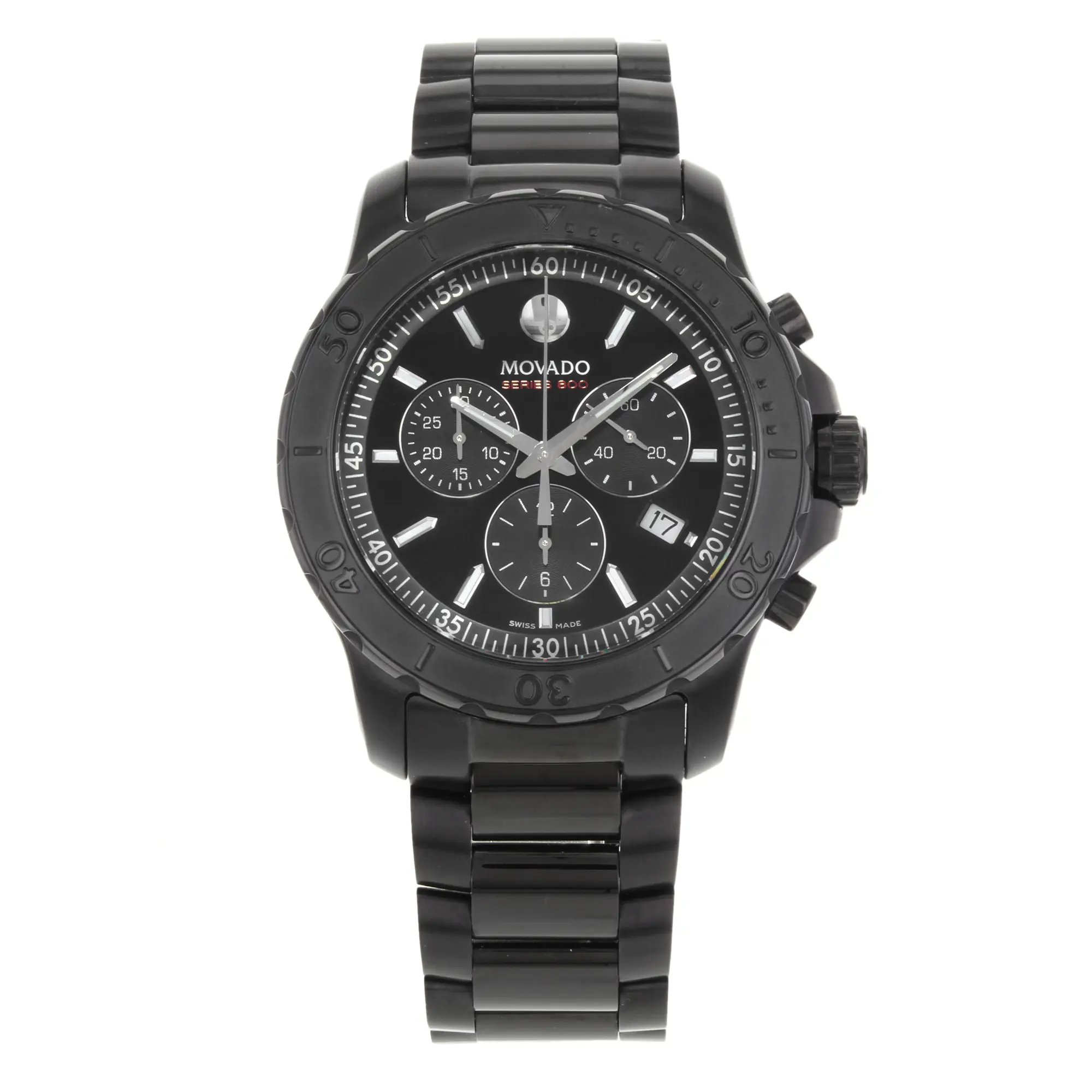 An image of a Wristwatch by Movado. This Pre Owned item is designed for Men, featuring a Casual style. It has a Quartz movement and an Analog display with a Black dial color. The indices include 12-Hour Dial,Stick Indexes. The band is made of Stainless Steel and the case is made of Stainless Steel. The watch has a Round shape with a case size of 42 mm and a case thickness of 12 mm.