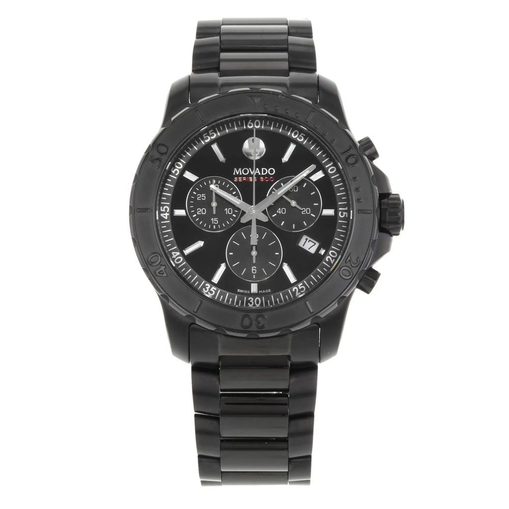 An image of a Wristwatch by Movado. This Pre Owned item is designed for Men, featuring a Casual style. It has a Quartz movement and an Analog display with a Black dial color. The indices include 12-Hour Dial,Stick Indexes. The band is made of Stainless Steel and the case is made of Stainless Steel. The watch has a Round shape with a case size of 42 mm and a case thickness of 12 mm.