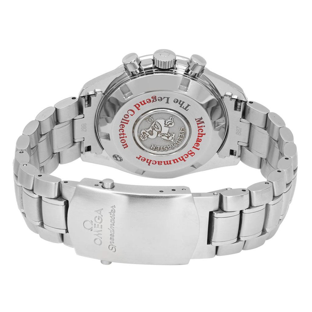 An image of a pre-owned wristwatch viewed from the back, showcasing the clasp and case back. The watch features a metallic bracelet with a visible Omega logo on the clasp. The image is taken from a close angle, highlighting the engraved details on the case back.