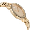 An image of a Wristwatch by Movado. This Pre Owned item is designed for Women, featuring a Casual style. It has a Quartz movement and an Analog display with a Champagne dial color. The indices include 12-Hour Dial,Non-Numeric Hour Marks. The band is made of Stainless Steel and the case is made of Stainless Steel. The watch has a Round shape with a case size of 34 mm and a case thickness of 8 mm.