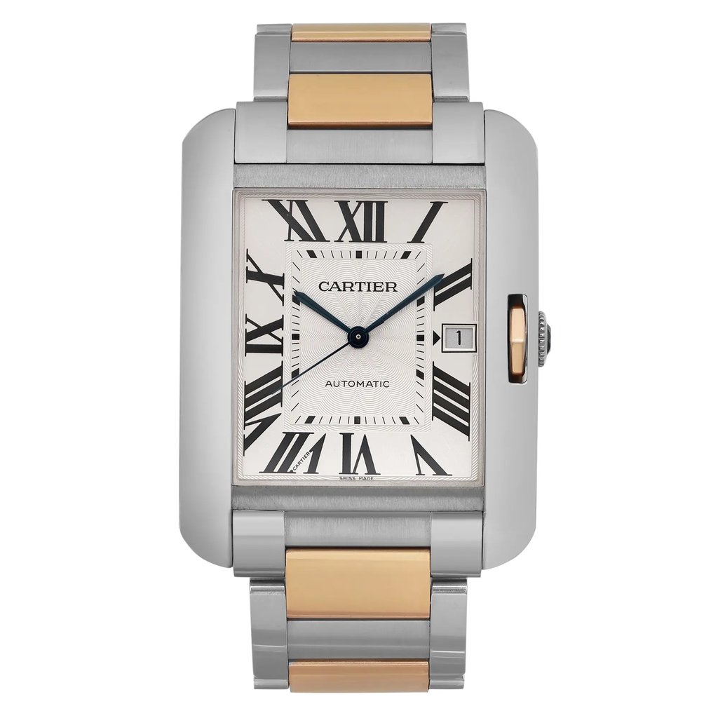 The image displays a close-up, front-facing view of a pre-owned Cartier Tank Anglaise XL women's wristwatch. This watch features a rectangular silver dial with Roman numerals and a date indicator. It is paired with a two-tone bracelet that combines 18K rose gold and steel elements. The watch exhibits light signs of wear and scratches.