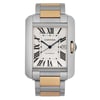 The image displays a close-up, front-facing view of a pre-owned Cartier Tank Anglaise XL women's wristwatch. This watch features a rectangular silver dial with Roman numerals and a date indicator. It is paired with a two-tone bracelet that combines 18K rose gold and steel elements. The watch exhibits light signs of wear and scratches.