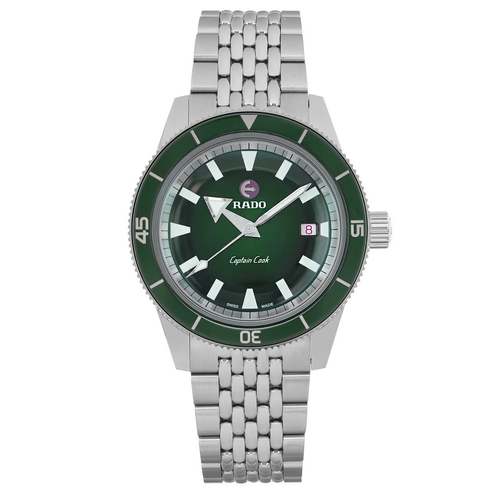 An image of a men's Rado wristwatch, shown from a full frontal view. The watch is unworn and displays a casual style with a round shape. Both the dial and bezel are green, while the band and case are made of stainless steel. The watch features a 12-hour dial with stick indexes.