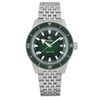 An image of a men's Rado wristwatch, shown from a full frontal view. The watch is unworn and displays a casual style with a round shape. Both the dial and bezel are green, while the band and case are made of stainless steel. The watch features a 12-hour dial with stick indexes.