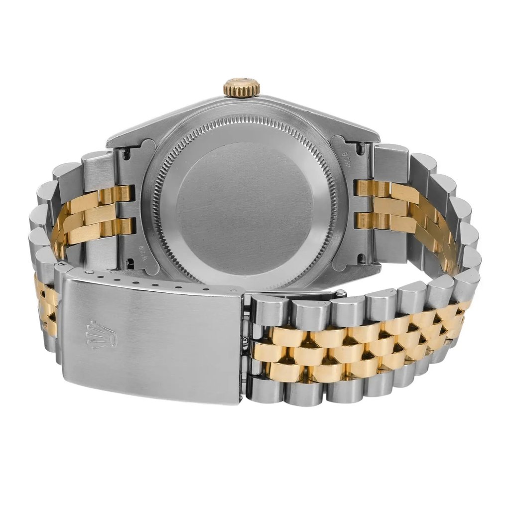 An image of a pre-owned men's Rolex wristwatch viewed from the back. The angle captures the screwback case and the fold-over clasp in a closed position. The watch features a round stainless steel case and a band composed of stainless steel and solid gold links. The close-up perspective highlights the intricate details of the band and clasp.