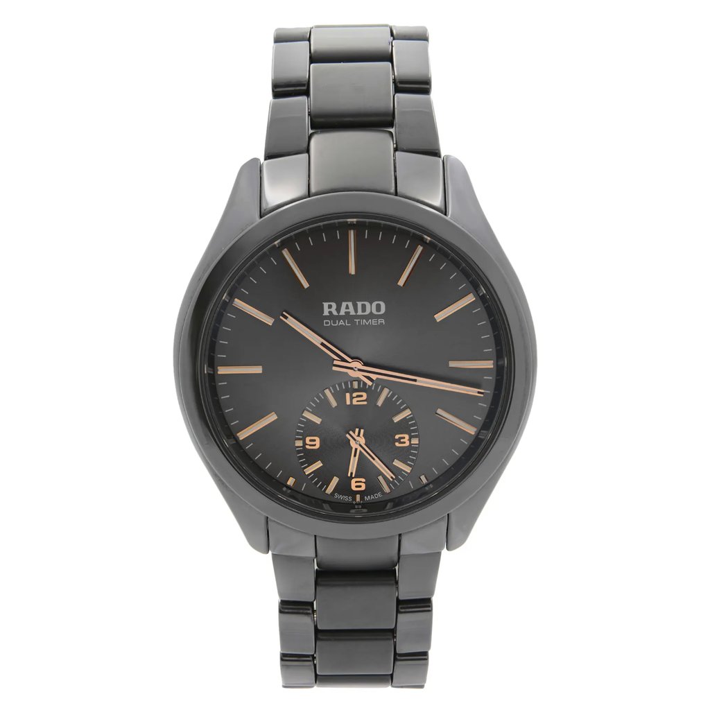 An image of a Wristwatch by Rado. This Display Model item is designed for Men, featuring a Dress/Formal style. It has a Quartz movement and an Analog display with a Gray dial color. The indices include 12-Hour Dial,Multi Dial,Non-Numeric Hour Marks. The band is made of Ceramic and the case is made of Ceramic. The watch has a Round shape with a case size of 42 mm and a case thickness of 10 mm.