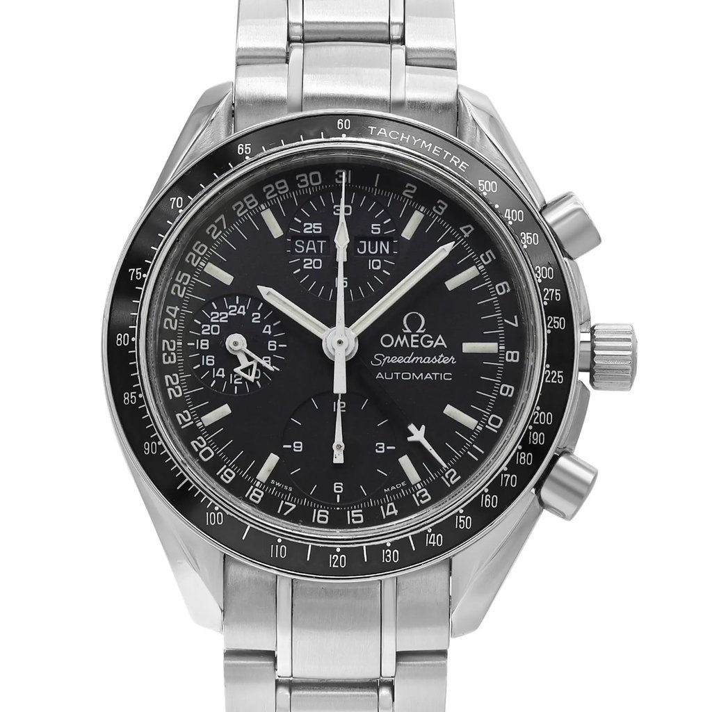 Up Close Front Facing Picture Of OMEGA 3520.50.00 Stainless Steel Watch Pre Owned Condition