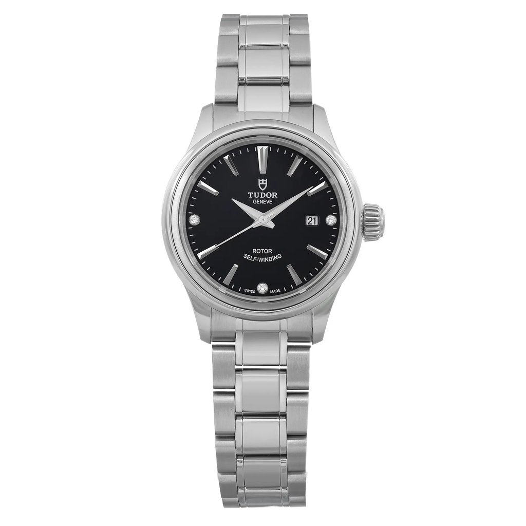 An image of a wristwatch in a front full frontal view. The watch is unworn and displayed at a close distance, showcasing its stainless steel bracelet and black dial. The watch face includes a date function and silver hour markers and hands. The crown is visible on the right side of the case.