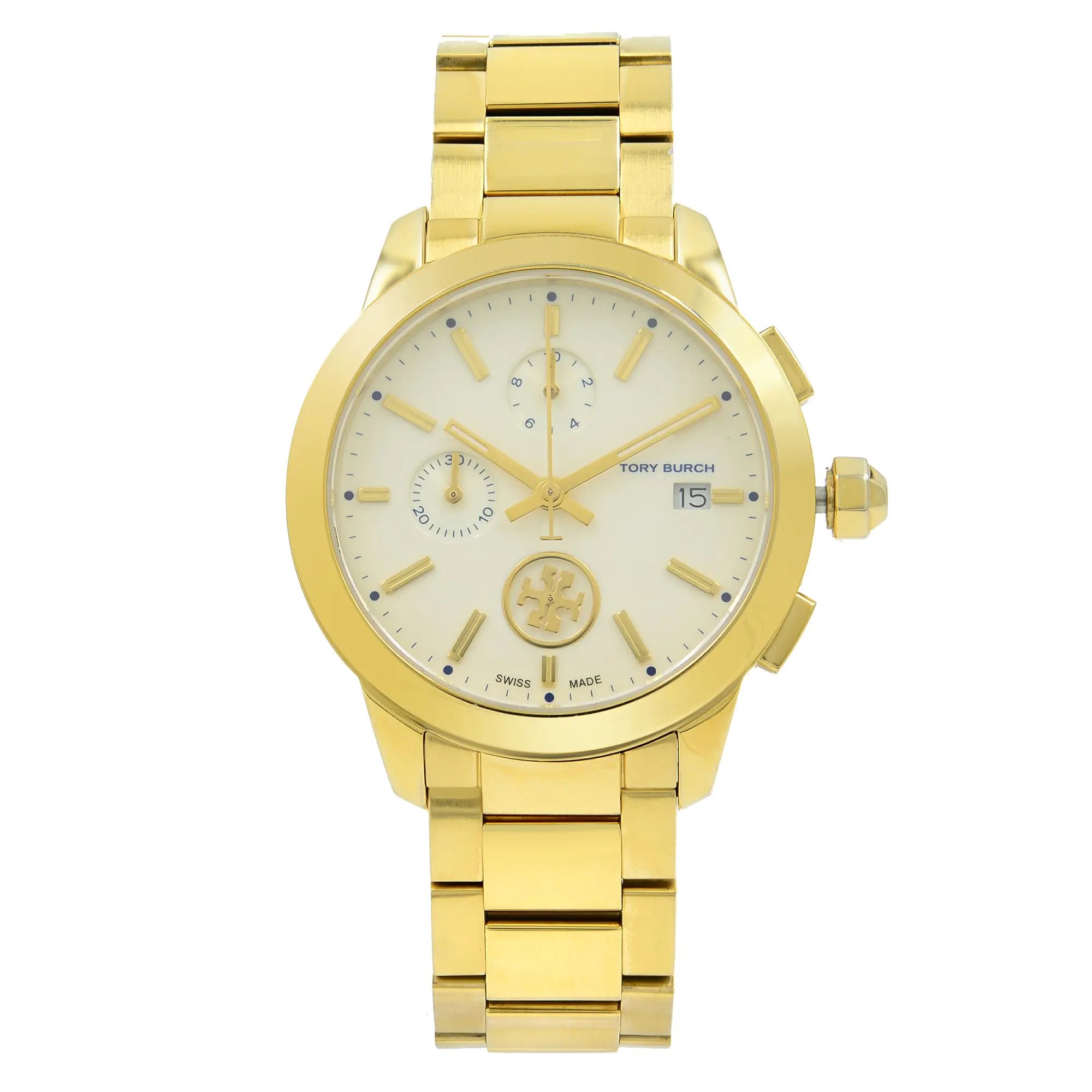 An image of a Wristwatch by Tory Burch. This Pre Owned item is designed for Women, featuring a Classic style. It has a Quartz movement and an Analog display with a Cream dial color. The indices include Sticks. The band is made of Stainless Steel and the case is made of Stainless Steel. The watch has a Round shape with a case size of 38 mm and a case thickness of 11 mm.