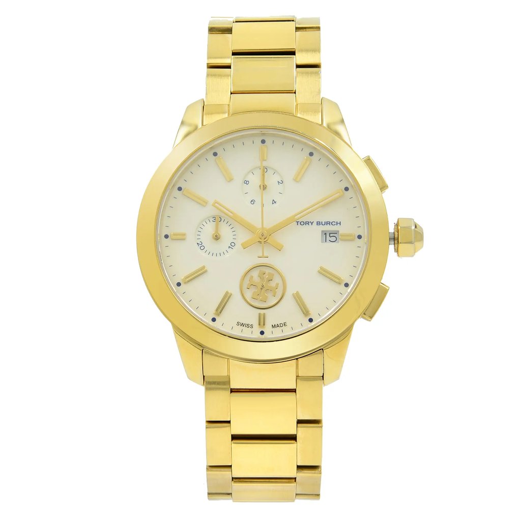 An image of a Wristwatch by Tory Burch. This Pre Owned item is designed for Women, featuring a Classic style. It has a Quartz movement and an Analog display with a Cream dial color. The indices include Sticks. The band is made of Stainless Steel and the case is made of Stainless Steel. The watch has a Round shape with a case size of 38 mm and a case thickness of 11 mm.