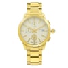 An image of a Wristwatch by Tory Burch. This Pre Owned item is designed for Women, featuring a Classic style. It has a Quartz movement and an Analog display with a Cream dial color. The indices include Sticks. The band is made of Stainless Steel and the case is made of Stainless Steel. The watch has a Round shape with a case size of 38 mm and a case thickness of 11 mm.