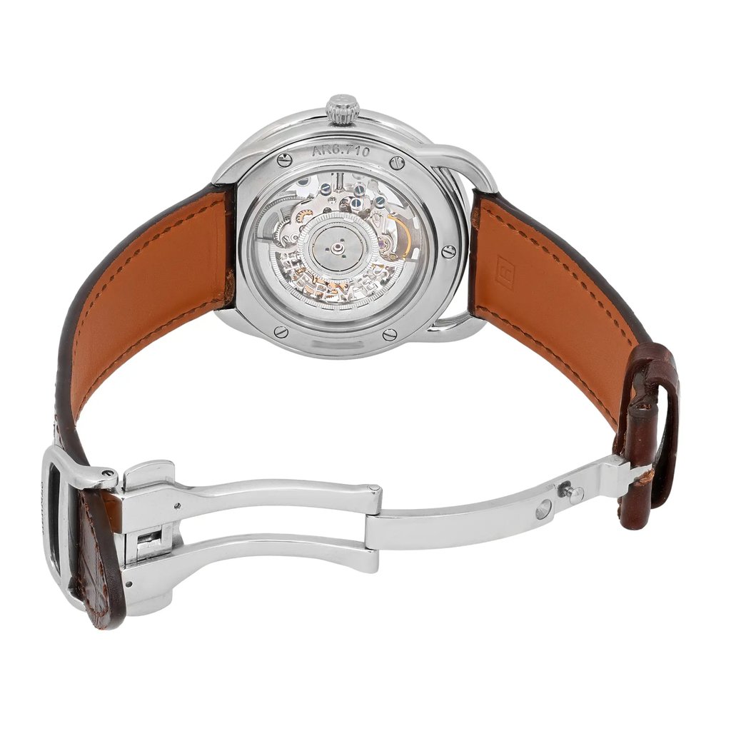 Back View Of Exhibition Back Case And Open Leather Band Of Hermes AR6.710 Watch Pre Owned Condition