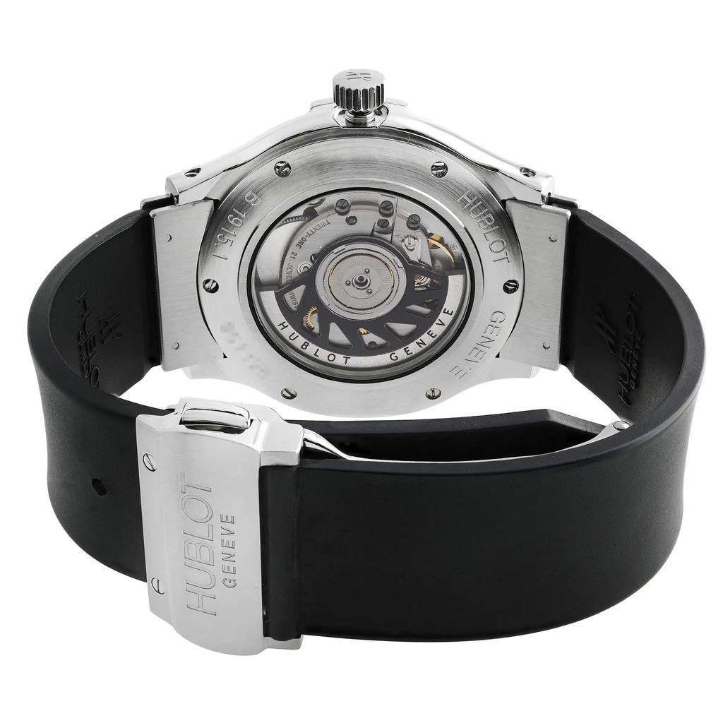 Back View Of Exhibition Back Case And Closed Rubber Band Of Hublot B1915.1 Watch Pre Owned Condition