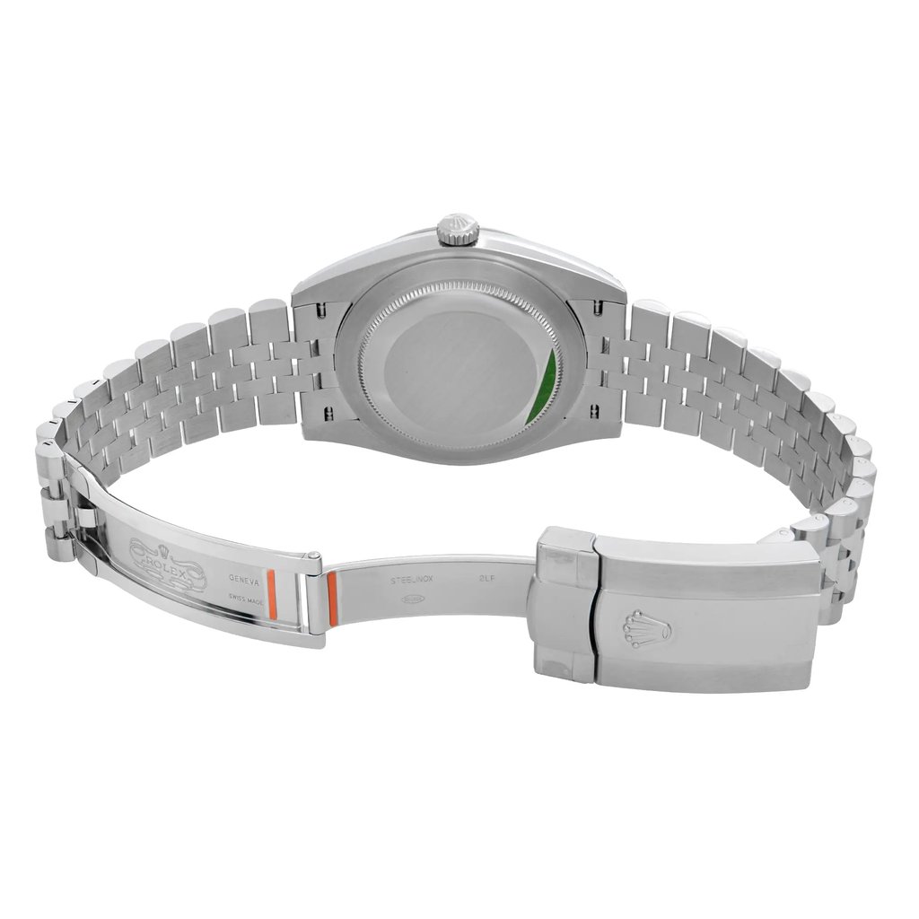 Back View Of Snap Back Case And Open Stainless Steel Band Of Rolex 126334 Watch New Condition