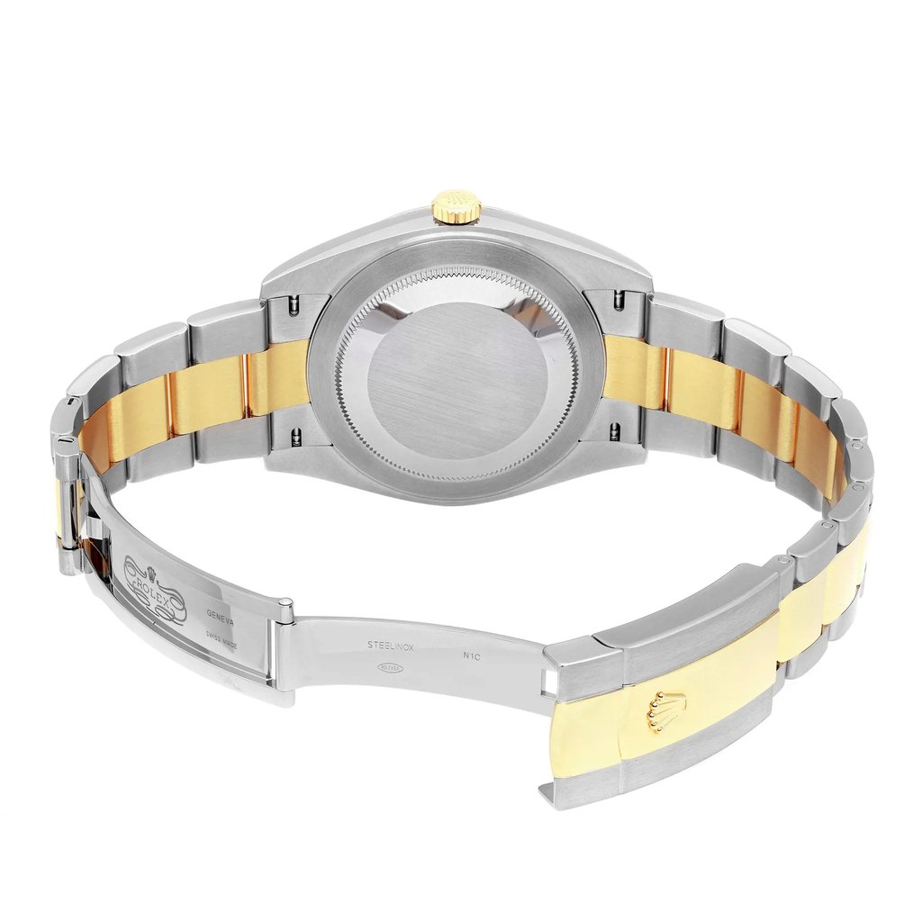 Back View Of Screwback Back Case And Open Stainless and Solid Gold Band Of Rolex 126333 Watch Unworn Condition