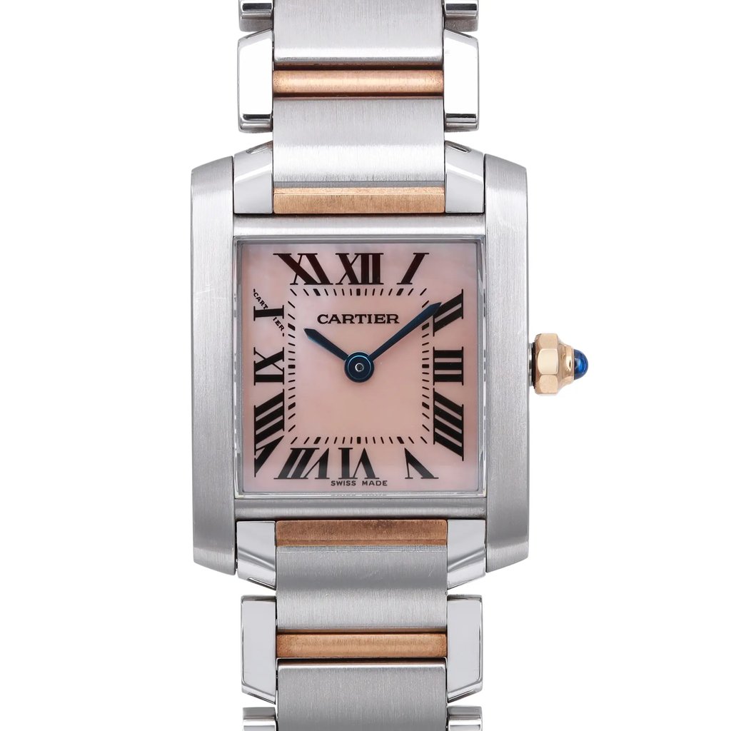 An image of a pre-owned Cartier luxury wristwatch for women, presented in a front close-up view showcasing the watch face. The watch features a mother of pearl dial, adorned with Roman numeral indices for a 12-hour display. A rectangular stainless steel case surrounds the dial, complemented by a steel bezel. The band is made of alternating rose gold and stainless steel links. The watch is in good condition and the image is taken from a direct, head-on angle, with the watch occupying the central portion of the frame.