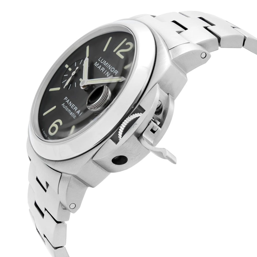 An image of a pre-owned Officine Panerai men's wristwatch in a side profile view with the crown visible. The watch has a cushion shape with a black dial, luminous hands, a small seconds subdial, and a date indicator. It is styled as a dress/formal luxury timepiece with a stainless steel band and case, shown at a close angle to highlight the details.