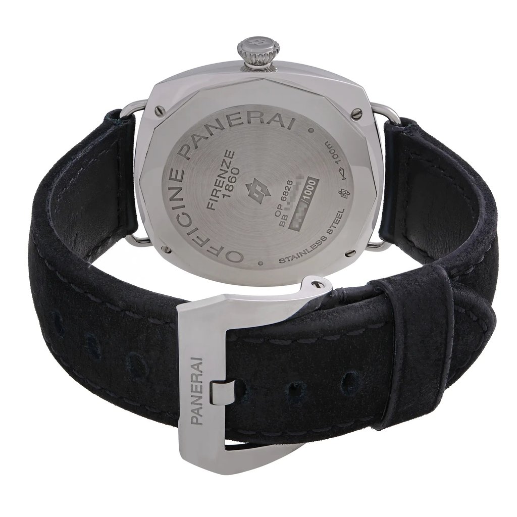 An image of a pre-owned Officine Panerai men's wristwatch with a cushion shape, viewed from the back. The watch is positioned at a slight angle with the solid stainless steel case back facing upwards, showcasing engraved branding and details. The black leather band is visible with a close clasp featuring the Panerai logo, and the picture is taken from a close distance to emphasize the textures and engravings.