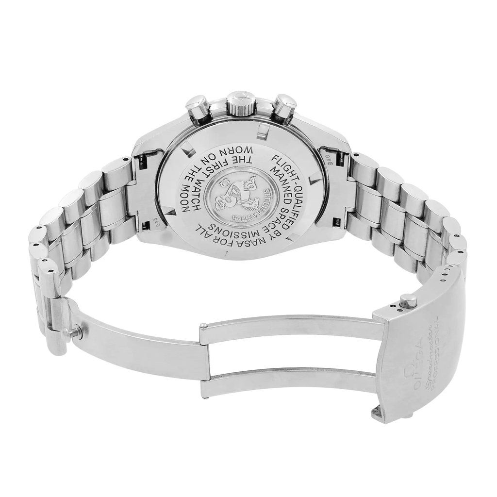 Back View Of Solid Back Case And Open Stainless Steel Band Of OMEGA 3570.50.00 Watch Pre Owned Condition