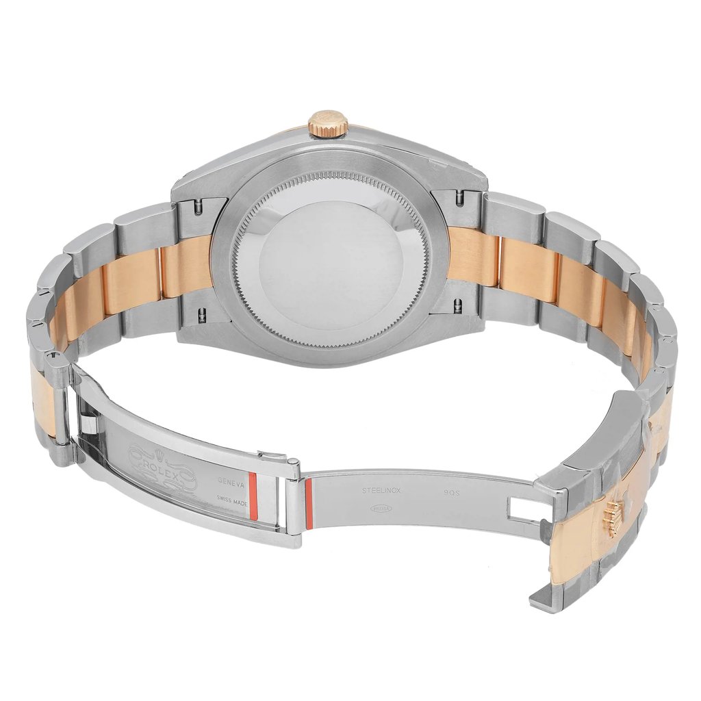Back View Of Solid Back Case And Open Stainless Steel,Gold Band Of Rolex 126303-0009 Watch Display Model Condition