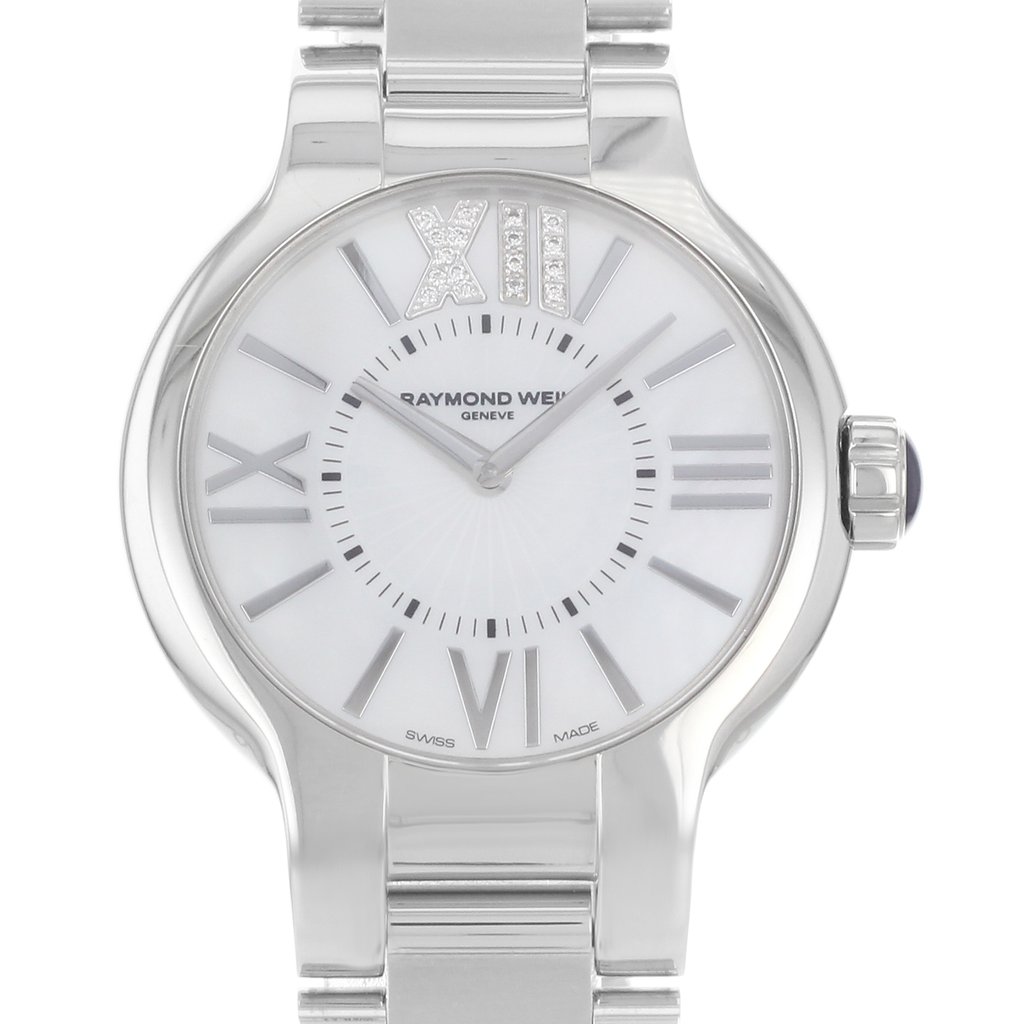 Up Close Front Facing Picture Of RAYMOND WEIL 5932-ST-00990 Stainless Steel Watch Display Model Condition