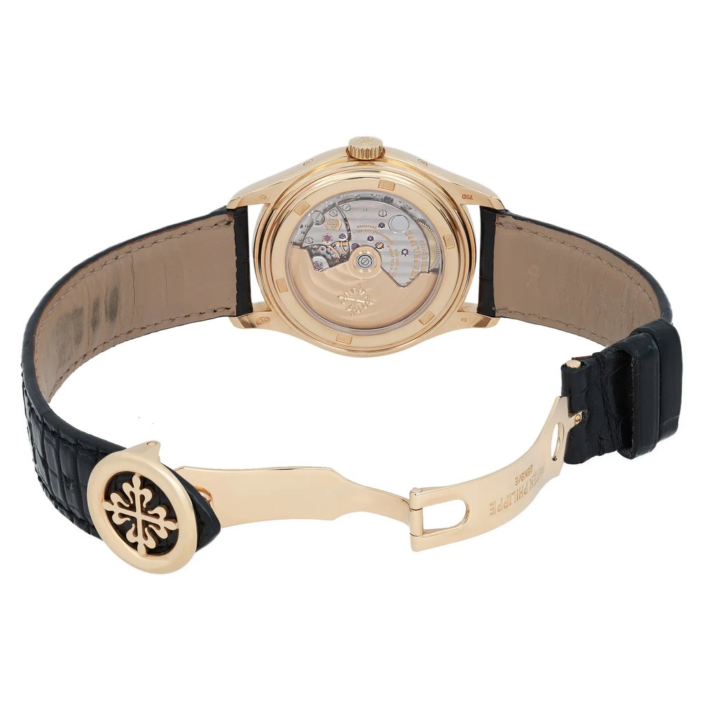 Back View Of Exhibition Back Case And Open Leather Band Of Patek Philippe 5146J-001 Watch Pre Owned Condition