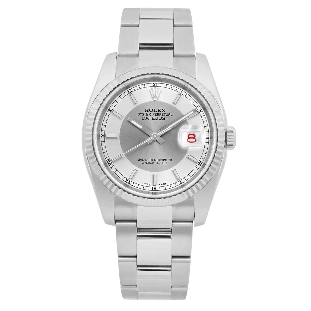 An image of a pre-owned men's Rolex Datejust 36mm Steel Tuxedo Silver Dial Automatic Watch 116234, viewed from the front at a close distance. The watch features a tuxedo silver dial with a date indicator highlighted in luminous hands. It has a stainless steel bracelet and a fluted bezel, showcasing the brand's hallmark design elements.