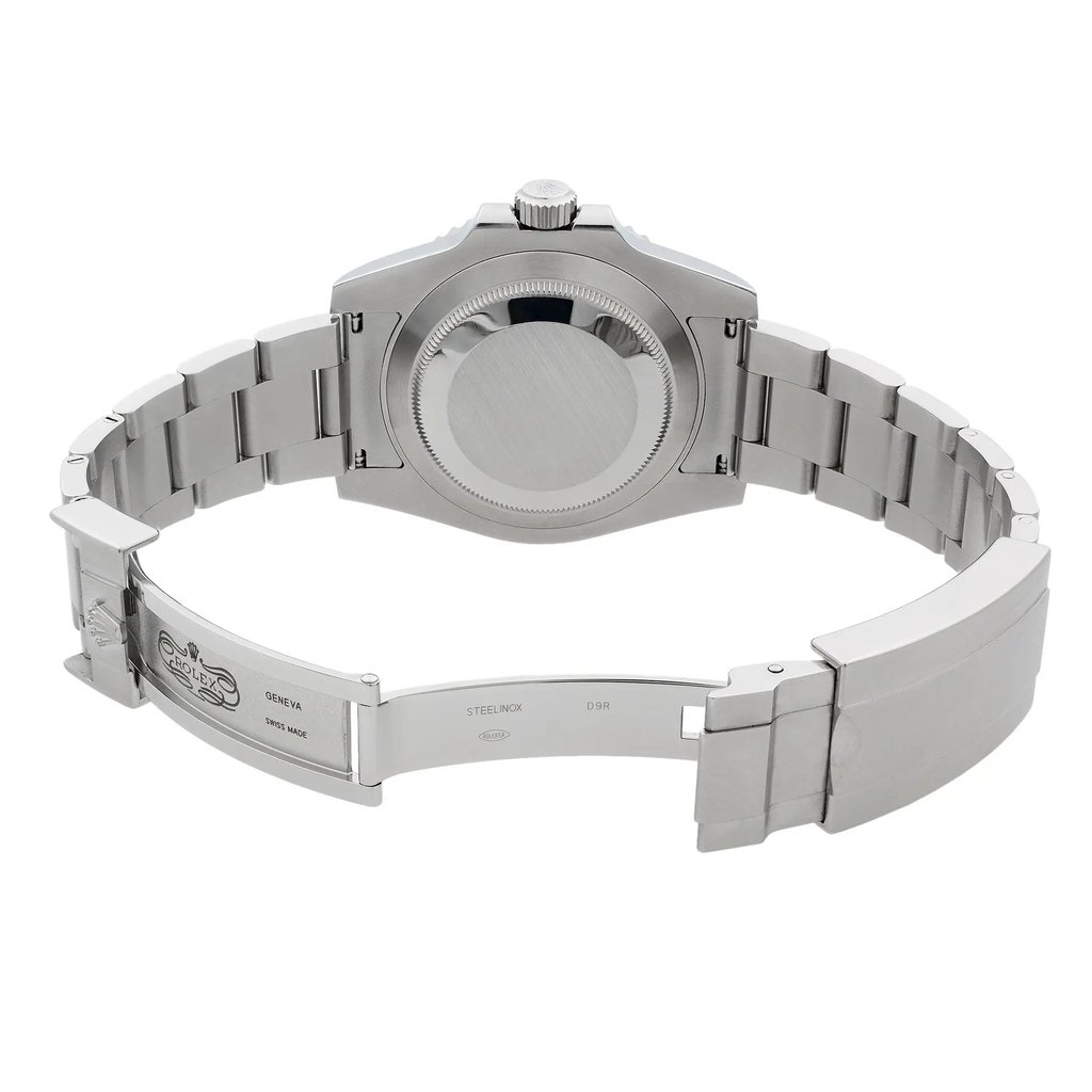 Back View Of Screwback Back Case And Open Stainless Steel Band Of Rolex 114060 Watch Pre Owned Condition