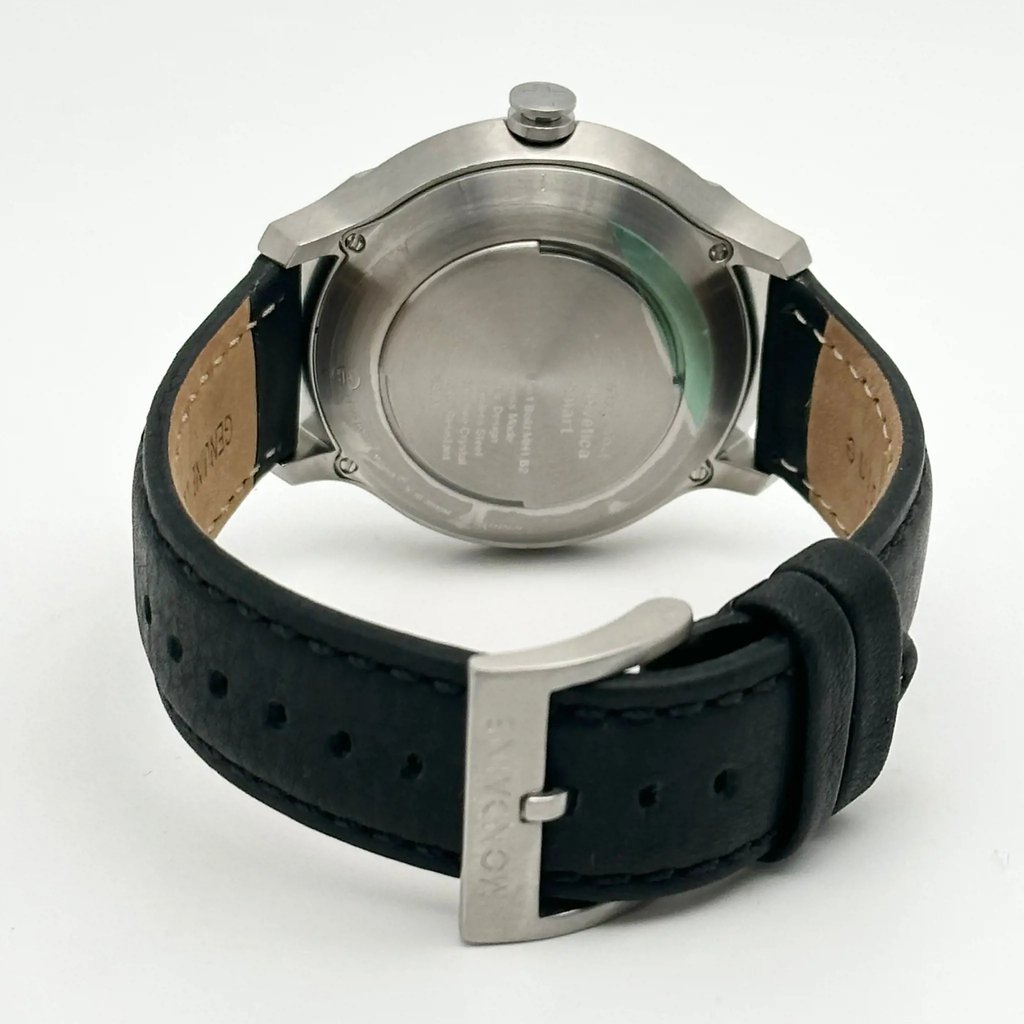 Back View Of Solid Back Case And Closed Leather Band Of Mondaine MH1.B2S10.LB Watch Display Model Condition