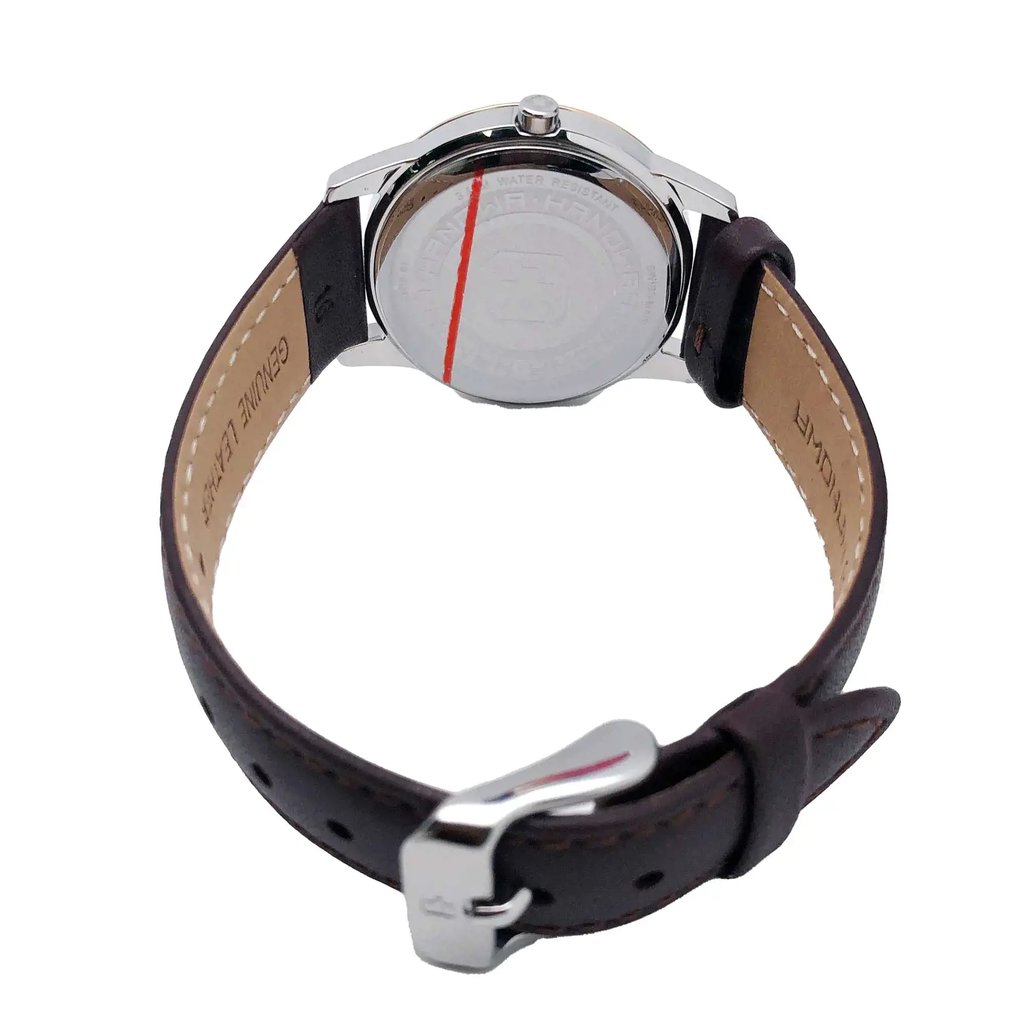 An image of a Wristwatch by Hanowa. This Unworn item is designed for Women, featuring a Dress/Formal style. It has a Quartz movement and an Analog display with a White dial color. The indices include 12-Hour Dial,Stick Indexes. The band is made of Leather and the case is made of Stainless Steel. The watch has a Round shape with a case size of 31 mm and a case thickness of 8 mm.