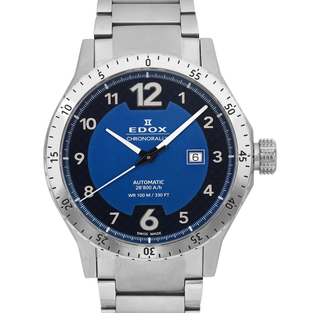 Up Close Front Facing Picture Of Edox 80094-3NM-BU1 Stainless Steel Watch Pre Owned Condition