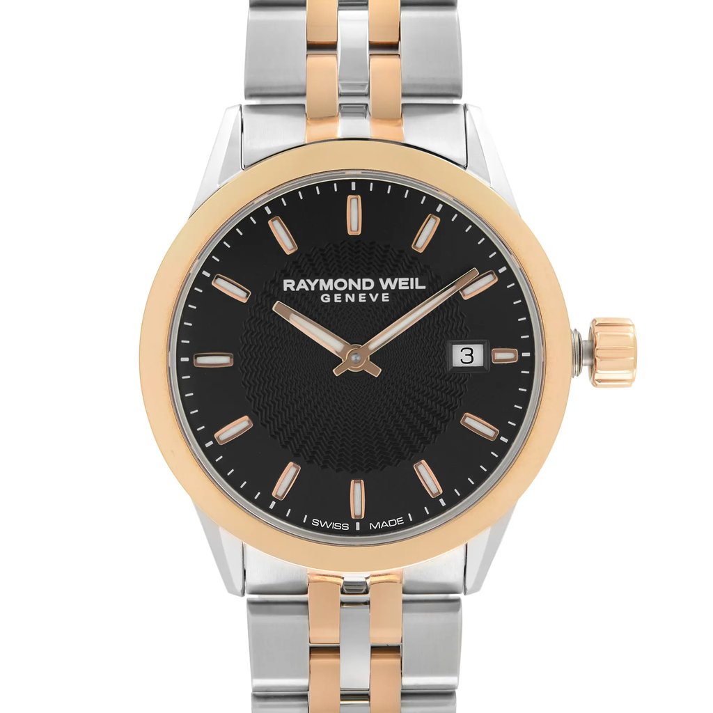 Up Close Front Facing Picture Of RAYMOND WEIL 5629-SP5-20021 Stainless Steel Watch Display Model Condition