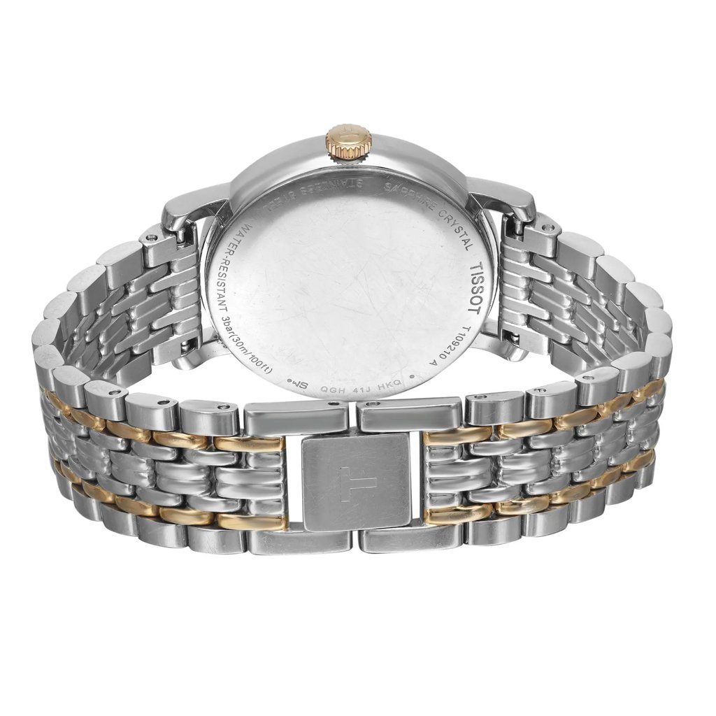 Back View Of Snap Back Case And Closed Stainless Steel Band Of Tissot T109.210.22.031.00 Watch Pre Owned Condition