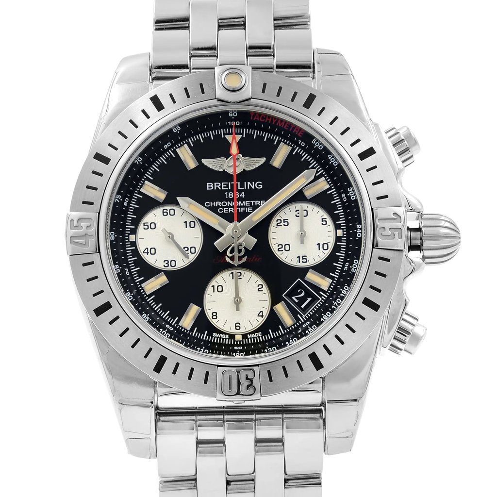 Up Close Front Facing Picture Of Breitling AB01442J/BD26-378A Stainless Steel Watch Display Model Condition