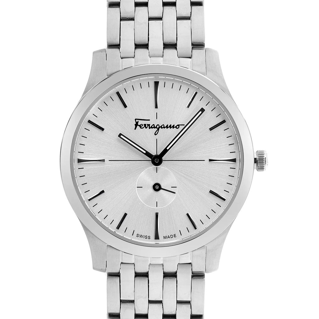 Up Close Front Facing Picture Of Salvator Ferragamo SFDF00618 Stainless Steel Watch Unworn Condition