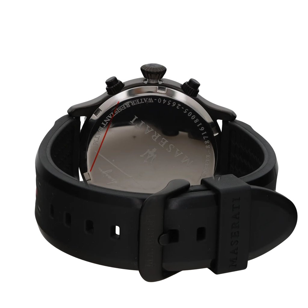 An image of a Wristwatch by Maserati. This Unworn item is designed for Men, featuring a Casual style. It has a Quartz movement and an Analog display with a Black dial color. The indices include 12-Hour Dial,Arabic Numerals. The band is made of Silicone and the case is made of Stainless Steel. The watch has a Round shape with a case size of 43 mm and a case thickness of 11 mm.