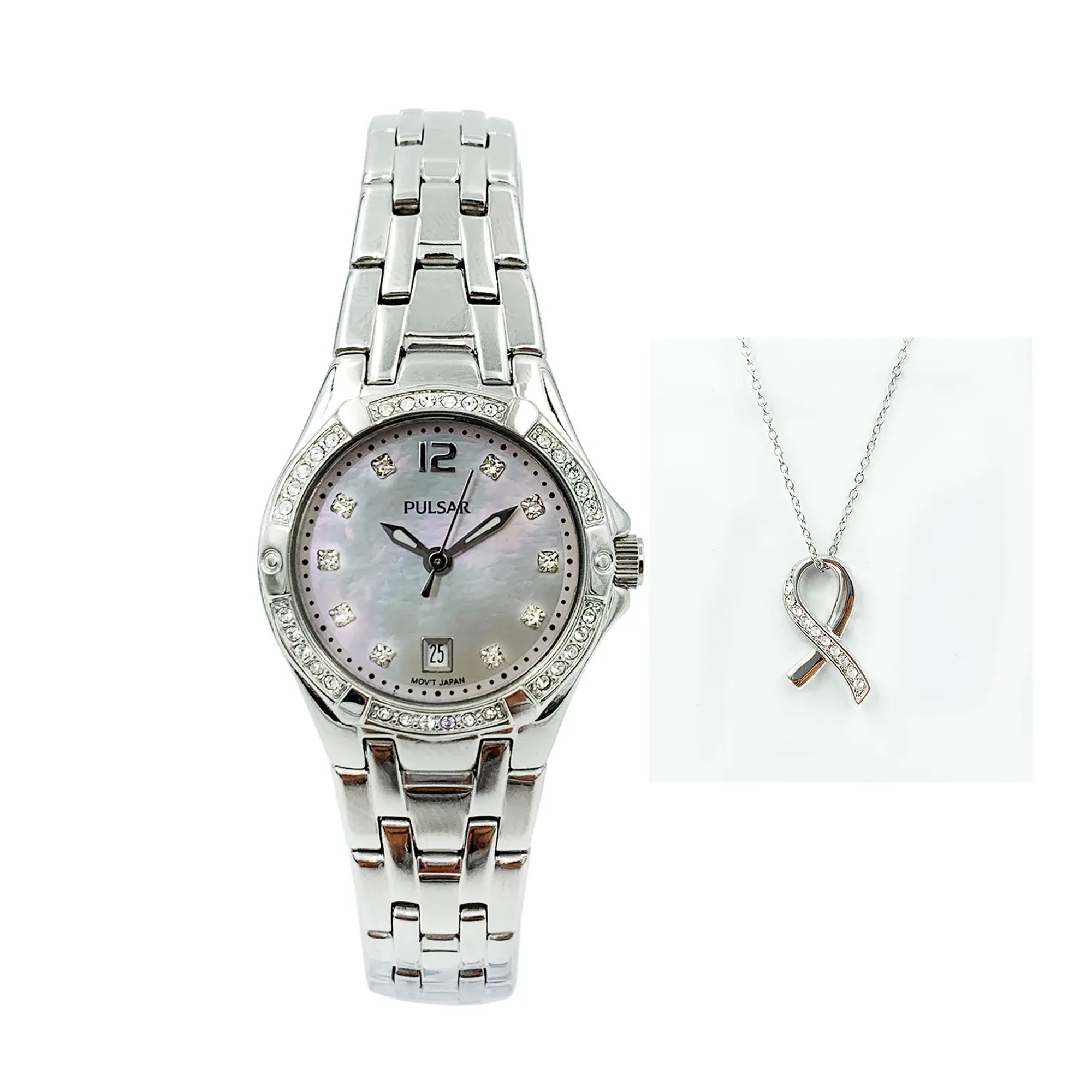 An image of a Wristwatch by Pulsar. This Display Model item is designed for Women, featuring a Casual,Dress/Formal style. It has a Quartz movement and an Analog display with a Mother Of Pearl dial color. The indices include Dots. The band is made of Stainless Steel and the case is made of Stainless Steel. The watch has a Round shape with a case size of 26 mm and a case thickness of 7 mm.