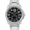 An image of a pre-owned Cartier men's wristwatch taken from a front-facing angle at a close distance. The watch features a sleek silver metal band and a black dial with Roman numeral hour markers. It includes a date indicator at the 3 o'clock position and luminous hands. The brand name "Cartier" and "Automatic" are displayed prominently on the dial.