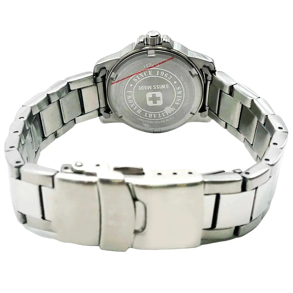 Back View Of Screwback Back Case And Closed Metal Band Of Swiss Military Hanowa 06-7231.04.003 Watch Display Model Condition