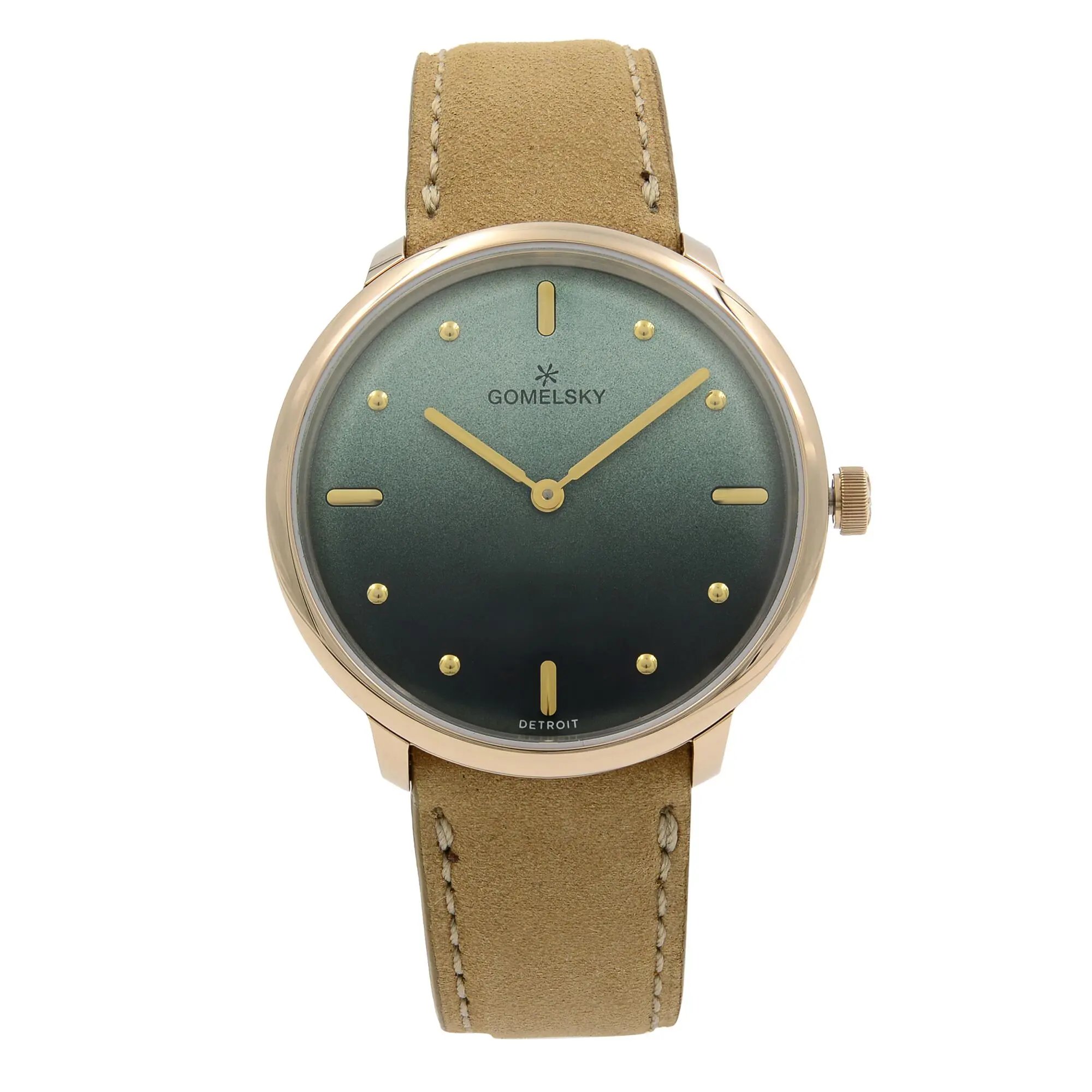An image of an unworn wristwatch in a front full frontal view. The watch features a round case with a green gradient dial and gold-toned markers. It has a simple, elegant design with matching gold hands. The timepiece is fitted with a light brown leather strap. The watch is positioned centrally, with a clear, direct view highlighting its details.