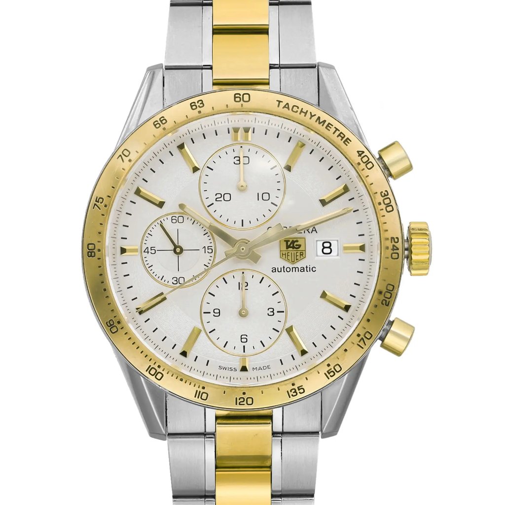 Up Close Front Facing Picture Of TAG Heuer CV2050.BD0789 Stainless Steel Watch Pre Owned Condition