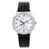 An image of a pre-owned wristwatch displayed from a front full-frontal view. The watch features a white dial with black numerals and two subdials. It has a textured black leather strap and a polished metal case. The image is taken close-up, highlighting the watch's intricate details.