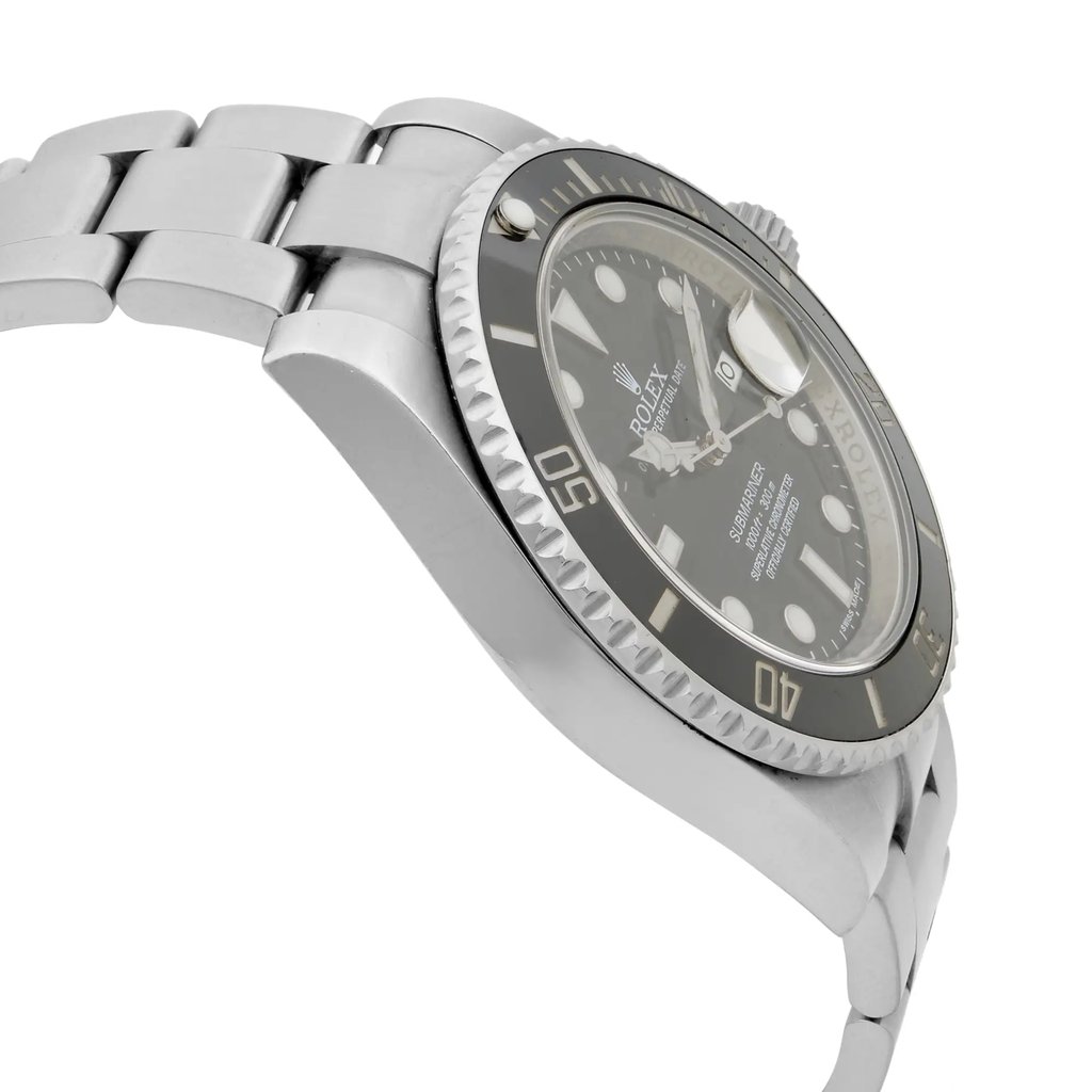 An image of a pre-owned wristwatch shown from a side profile view, opposite of the crown. The watch has a metallic band and a black bezel. The angle highlights the thickness of the case and the design of the bracelet links. The photograph is taken at a close distance, emphasizing the details of the watch face and bezel.