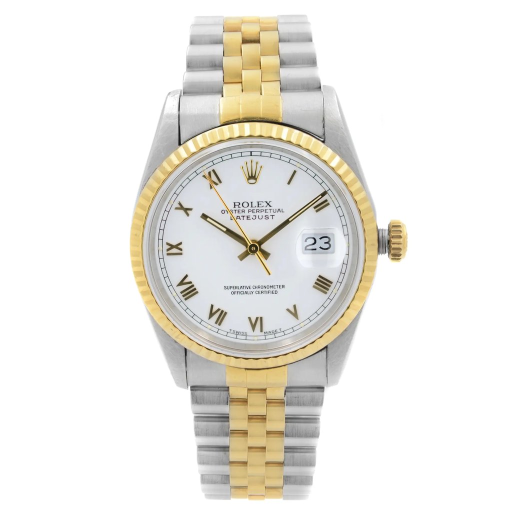 An image of a pre-owned men's Rolex wristwatch in a front full frontal view. The watch features a round shape with a white dial and gold bezel. It has a stainless steel and yellow gold band, and the case is made of stainless steel. The timepiece includes a 12-hour dial with Roman numerals and luminous hands. The watch is styled for dress or formal occasions and is in fair condition. Pre Owned. Heavy slack on the bracelet. The watch was produced in 1990. Shows signs of wear or scratches.

