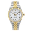 An image of a pre-owned men's Rolex wristwatch in a front full frontal view. The watch features a round shape with a white dial and gold bezel. It has a stainless steel and yellow gold band, and the case is made of stainless steel. The timepiece includes a 12-hour dial with Roman numerals and luminous hands. The watch is styled for dress or formal occasions and is in fair condition. Pre Owned. Heavy slack on the bracelet. The watch was produced in 1990. Shows signs of wear or scratches.


