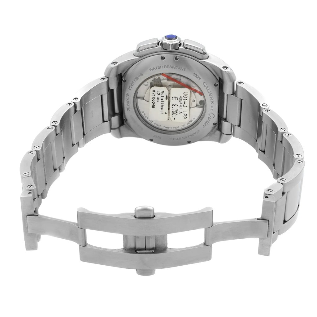 An image of a pre-owned Cartier men's wristwatch with an exhibition caseback, viewed from the back. The watch has a round stainless steel case and a stainless steel band, showcased with an open clasp. The watch is centered and shot from a straight-on angle, capturing a clear and detailed view of the watch's design and construction. 