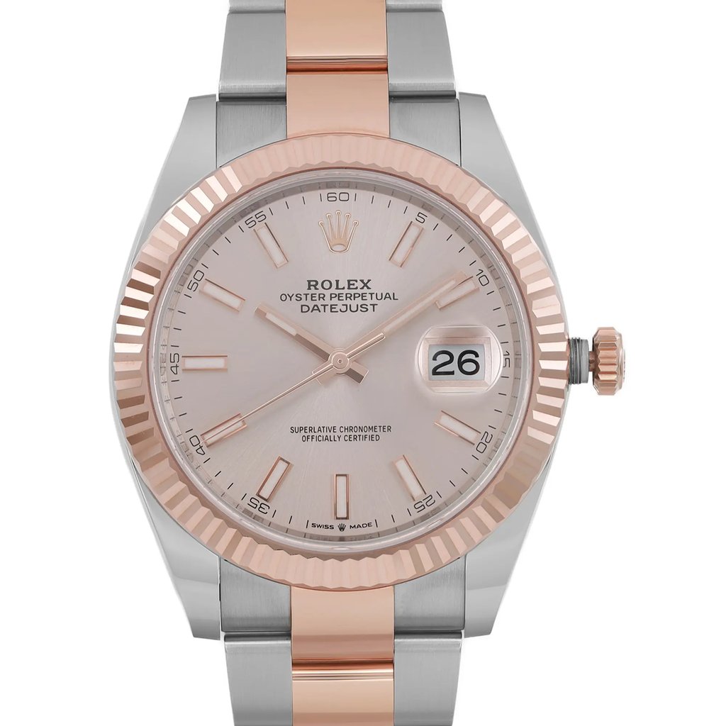 An image of a Rolex Oyster Perpetual Datejust wristwatch for men in excellent condition. The photo is a close-up frontal view of the watch face, showcasing a sundust-colored dial with rose gold bezel and stick indexes indicating the hours. Luminous hands are visible, and a date indicator sits at the 3 o'clock position. The round case is made of stainless steel, attached to a two-tone band combining rose gold and stainless steel. The watch is positioned straight on, with the camera angle perpendicular to the face of the watch, providing a clear view of its luxury style and features.