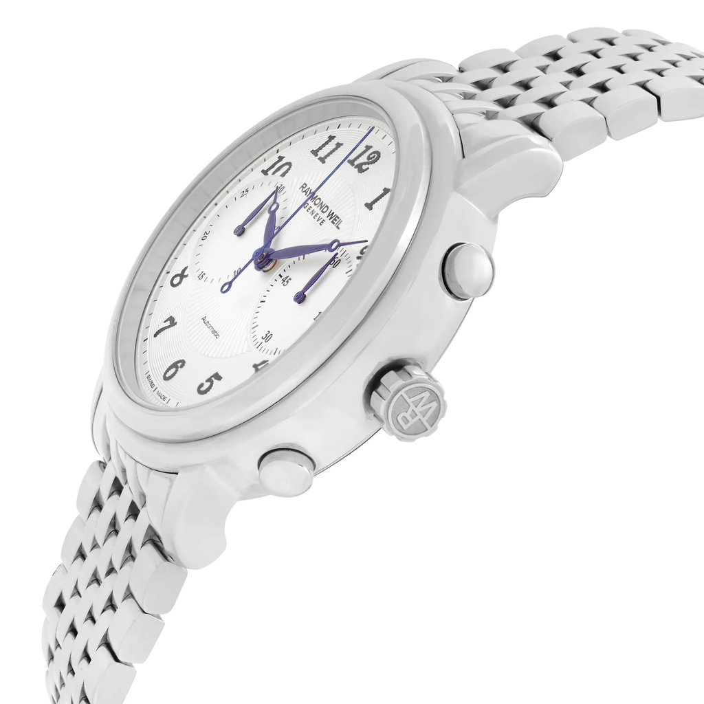 View Of Crown Facing Side Of RAYMOND WEIL 4830-ST-05659 Stainless Steel Watch New Condition