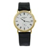 An image of a pre-owned wristwatch viewed from a front full frontal angle. The watch features a round, gold-toned case with a textured bezel. It has a white dial with black Roman numerals and sleek black hands. There is a small sub-dial located near the 6 o'clock position. The watch is attached to a black leather strap. The photograph captures the watch from a close distance, highlighting its elegant design and classic details.