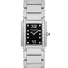 An image of a pre-owned women's Patek Philippe wristwatch, viewed from a straight-on angle at a close distance. The watch features a rectangular black dial with luminous hands and diamond hour markers, framed by a diamond-set bezel. The silver bracelet is prominently displayed, emphasizing the watch's elegant and luxurious design.
